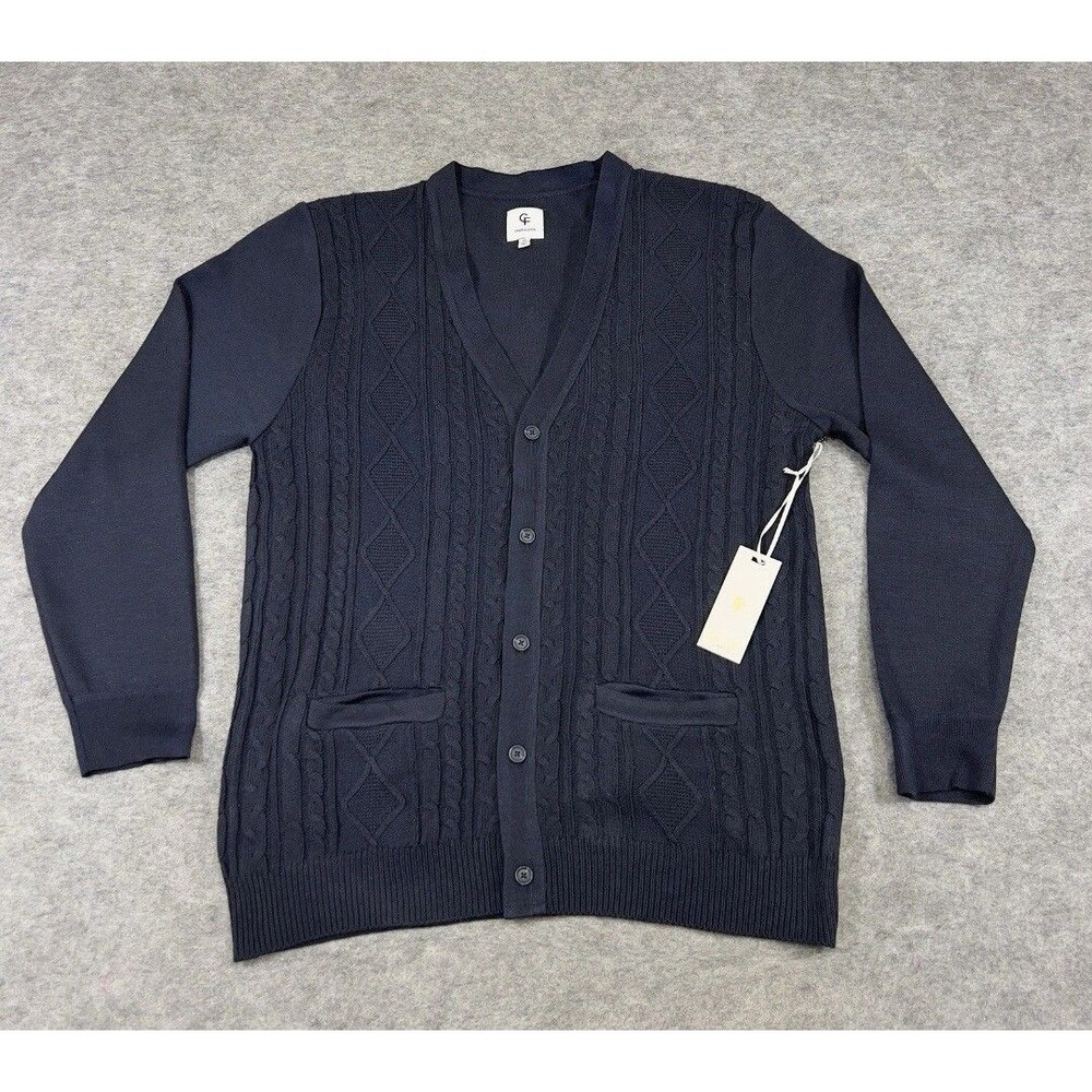 New Craft & Flow Cardigan Sweater Mens XL Blue Navy Cable Knit Pockets Preppy